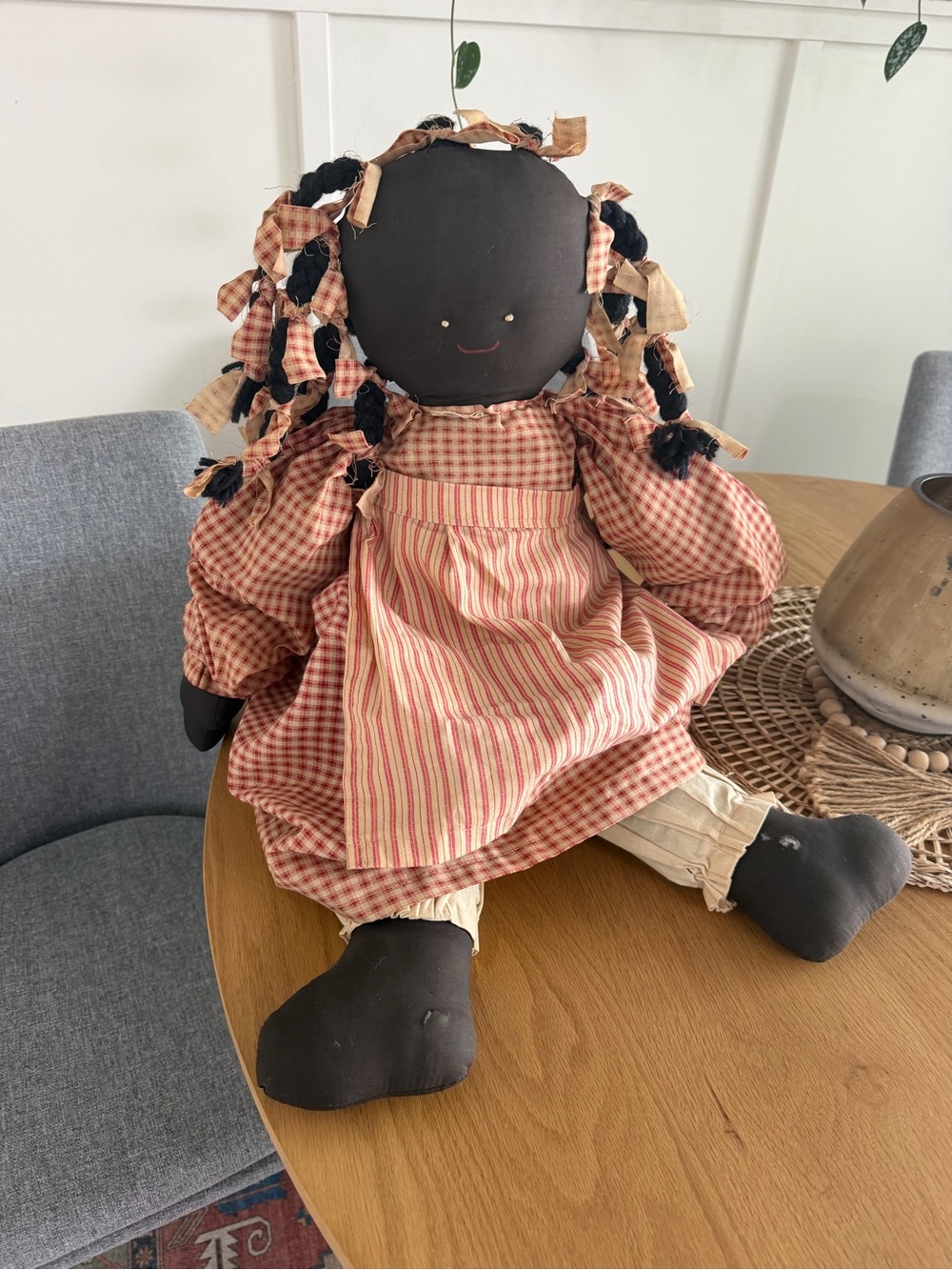 handmade Vintage African Americana primitive folk-art rag doll Braids Apron